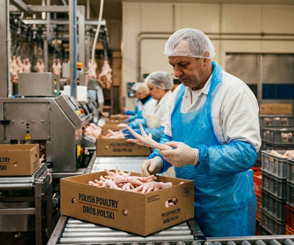 Pracownik w średnim wieku, w ochronnym ubraniu i siatce na głowie, sortujący drób na linii produkcyjnej. W tle inni pracownicy oraz skrzynki z napisem Polish Poultry Drób Polski. Obraz nawiązuje do wyzwań osób 50+ na rynku pracy, o których można przeczytać na Super Biznes.