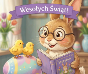 Wielkanoc2026-zajaczek-czytajacy-bajke-kurczaczkom