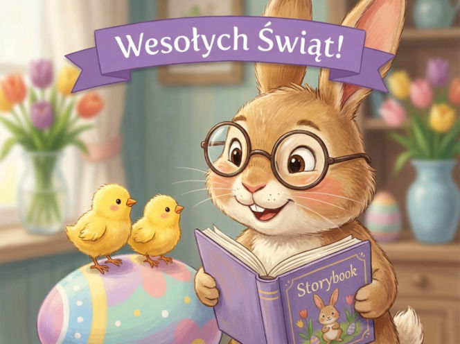 Wielkanoc2026-zajaczek-czytajacy-bajke-kurczaczkom