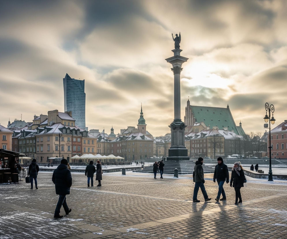 Centralnie w kadrze wznosi się smukła kolumna z posągiem na szczycie, przedstawiającym postać z uniesioną dłonią. Otacza ją obszerny, brukowany plac, częściowo pokryty cienką warstwą śniegu, co widać po białych smugach i łatach. Po lewej stronie placu znajduje się szereg zabytkowych kamienic z dwuspadowymi dachami, również przyprószonymi śniegiem, oraz niższe, drewniane stoiska handlowe, przy których stoją ludzie. Po prawej stronie widać budynki o architekturze sakralnej, w tym jeden z zielonym, ostro zakończonym dachem, a dalej w tle, za zabudowaniami, wyróżnia się nowoczesny wieżowiec o szklanej fasadzie. Całość oświetla słońce przebijające się przez dynamicznie ułożone chmury na jasnym niebie, rzucając długie cienie na plac i sylwetki przechodniów ubranych w zimowe okrycia.