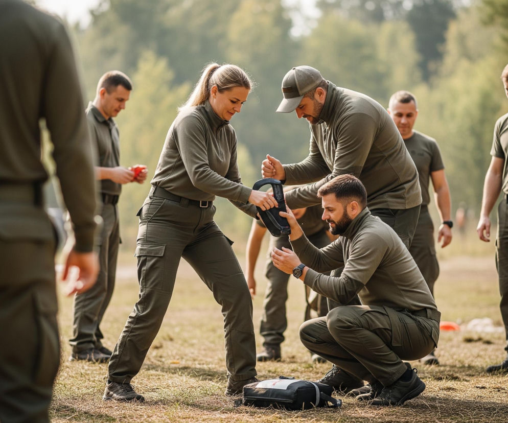 Grupa osób w odzieży w kolorze khaki lub oliwkowym, przypominającej uniformy, znajduje się na trawiastym terenie z rozmazanym zielonym lasem w tle. Centralnie, kobieta z blond włosami związanymi w kucyk oraz dwóch mężczyzn, z których jeden ma brodę i bejsbolówkę, a drugi brodę i jest w pozycji kucającej, wspólnie obsługują ciemny, prostokątny przedmiot z uchwytami, leżący na ziemi. Pozostali ludzie stoją dookoła, obserwując lub wykonując inne czynności, niektórzy z nich także mają brody, a ich stroje składają się z bluz lub koszulek i spodni bojówek.