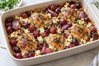 Tego kurczaka robi się w jednej formie. Dodatki: winogrona i feta zamieniają zwykły obiad w coś dużo lepszego