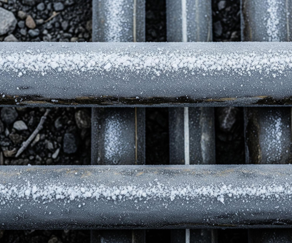 Górna powierzchnia dwóch poziomych, metalowych rur jest pokryta grubą warstwą białego szronu. Szron jest gęstszy na samym wierzchu rur, tworząc wyraźne, białe pasy, a następnie rozrzedza się w drobną ziarnistość ku dołowi bocznych ścian rur. Pomiędzy rurami i w tle widać ciemny, szorstki teren usiany szarymi kamieniami o nieregularnych kształtach, które również są lekko oprószone szronem. Poniżej poziomu dolnych rur widoczne są cienie i fragmenty kolejnych, równoległych rur, z których niektóre również mają ślady szronu.