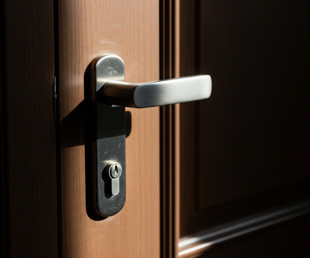 Na zdjęciu widoczna jest brązowa drewniana powierzchnia drzwi z metalową klamką i zamkiem. Klamka ma podłużny, metalowy uchwyt o szczotkowanej fakturze w srebrnym odcieniu, osadzony w prostokątnej, ciemniejszej metalowej podstawie. Poniżej klamki znajduje się otwór na klucz w kształcie cylindrycznym, otoczony czarną, metalową płytką. Lewa część drzwi jest jasno oświetlona promieniami słońca, co tworzy wyraźny cień rzucany przez klamkę na drewnianą powierzchnię, podczas gdy prawa strona zdjęcia jest pogrążona w ciemności.