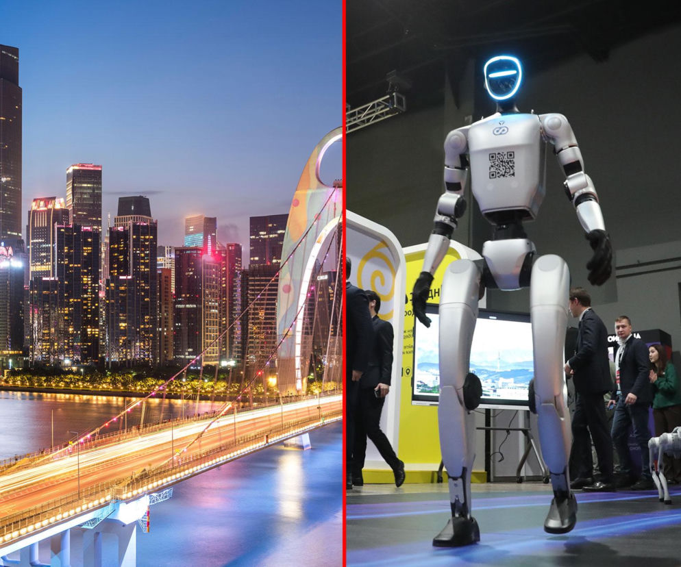 Nowoczesne chińskie miasto nocą, a obok na wstawce humanoidalny robot. O ekspansji Chin przeczytasz na SE Superbiz.
