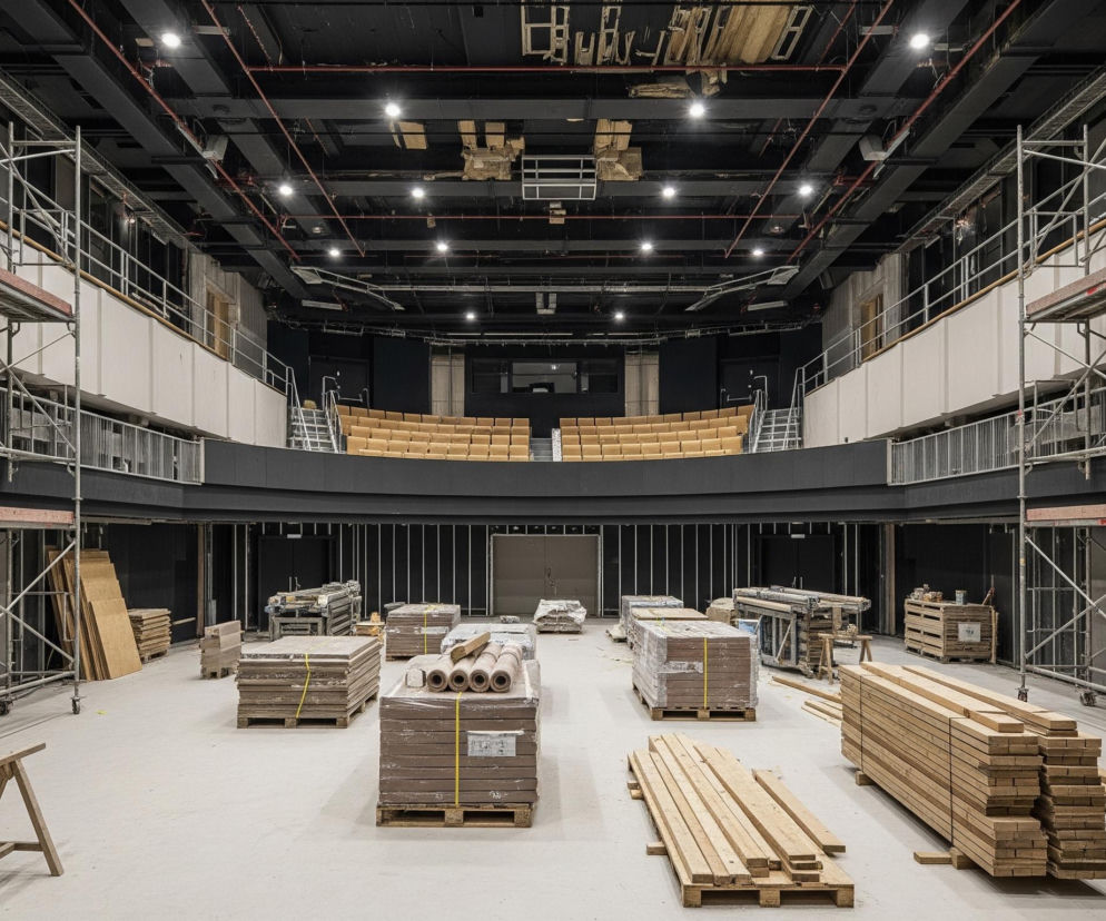 Duże, puste pomieszczenie, przypominające salę koncertową lub teatralną, wypełnione jest materiałami budowlanymi i rusztowaniami, wskazując na trwające prace wykończeniowe. W centrum znajduje się betonowa podłoga, na której rozmieszczono stosy drewnianych desek, płyty opakowane folią i związane żółtymi taśmami, oraz inne elementy konstrukcyjne, wszystkie ułożone na drewnianych paletach. Po bokach oraz w tle widoczne są dwupoziomowe trybuny, z których górny poziom posiada szeregi beżowych siedzeń. Całe wnętrze utrzymane jest w ciemnych, stonowanych barwach, z czarnym sufitem, beżowymi ścianami na górnym poziomie oraz szarymi lub czarnymi detalami. Na suficie, przez który przechodzą rury i kable, rozmieszczone są liczne punkty świetlne, oświetlające przestrzeń.
