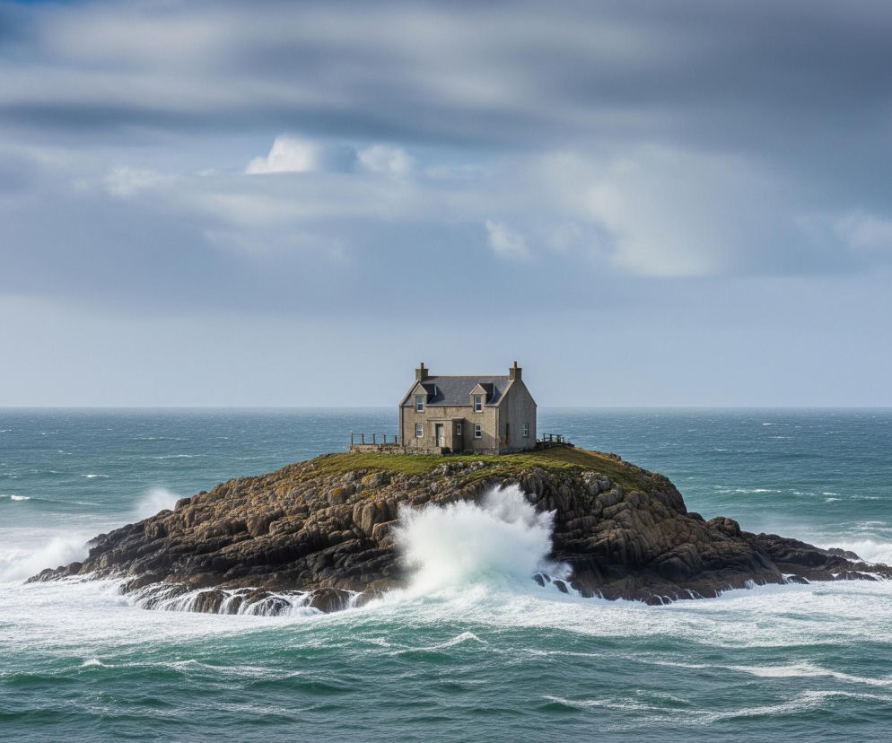 Na pierwszym planie duża, skalista wyspa pokryta zieloną trawą, na której stoi szary dom z ciemnym dachem i kominami, otoczony drewnianym płotem. Rozbijają się o nią fale oceanu, tworząc białe rozpryski po lewej i prawej stronie. Otaczające wyspę wzburzone, ciemnoturkusowe wody oceanu ciągną się aż po horyzont. Nad oceanem rozciąga się zachmurzone niebo w odcieniach szarości i błękitu.