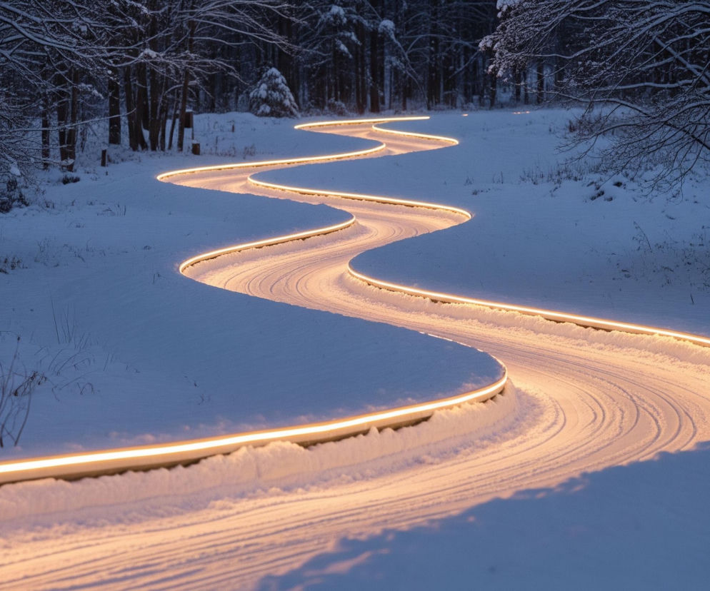 Zimowy krajobraz leśny przedstawia wijącą się, zaśnieżoną drogę, której krawędzie są podświetlone ciepłym, żółto-pomarańczowym światłem. Światło to rozświetla również powierzchnię śniegu na drodze, tworząc delikatne cienie i wzory, podczas gdy śnieg poza oświetloną ścieżką pozostaje w chłodnym, niebieskawym odcieniu. Po obu stronach drogi rosną drzewa, pokryte warstwą białego śniegu na gałęziach i pniach, a tło lasu jest ciemne i lekko zamglone. Całość sprawia wrażenie spokojnej, zimowej nocy.