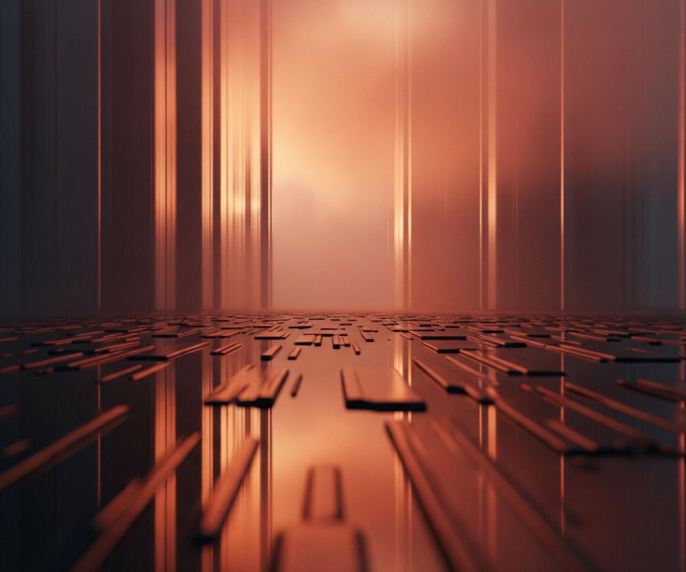Płaską, lśniącą powierzchnię z licznymi, prostokątnymi elementami rozrzuconymi na niej, przypominającymi płytki lub fragmenty obwodów scalonych. Elementy te, w odcieniach brązu i czerwieni, odbijają światło, tworząc refleksy. Tło jest zamglone, z pionowymi smugami światła w kolorach od bladego pomarańczowego i brązu po ciemny szary i niebieskawy, sugerującymi odległe, pionowe struktury oświetlone z prawej strony. Centralna część tła jest najjaśniejsza, przyjmując ciepłe, pomarańczowe barwy, które stopniowo ciemnieją w kierunku brzegów obrazu.