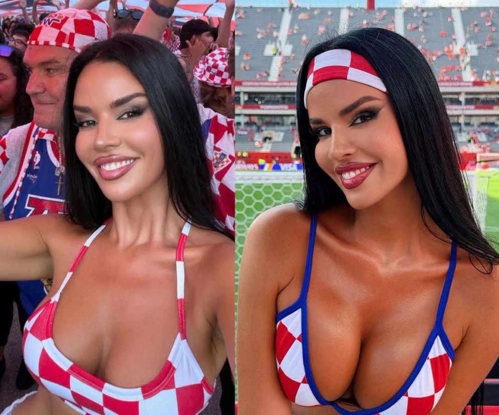 Ivana Knoll w stroju kibica Chorwacji, z uśmiechem pozująca na tle trybun i boiska. Po lewej selfie z tłumem kibiców w tle, po prawej zbliżenie na Ivanę z chorwacką opaską i stanikiem. Więcej o stylizacjach celebrytki na naszym portalu.