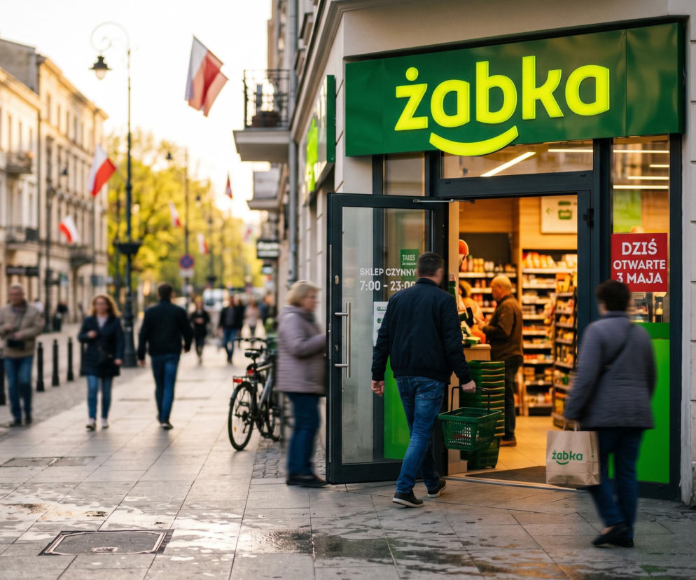 Wejście do sklepu sieci Żabka z widocznym napisem Dziś otwarte 3 maja na szybie, podkreślającym możliwość zrobienia zakupów w święto. Na ulicy widać przechodniów i polskie flagi, co symbolizuje obchody Majówki. O otwarciu sklepów podczas majówki przeczytasz na Super Biznes.