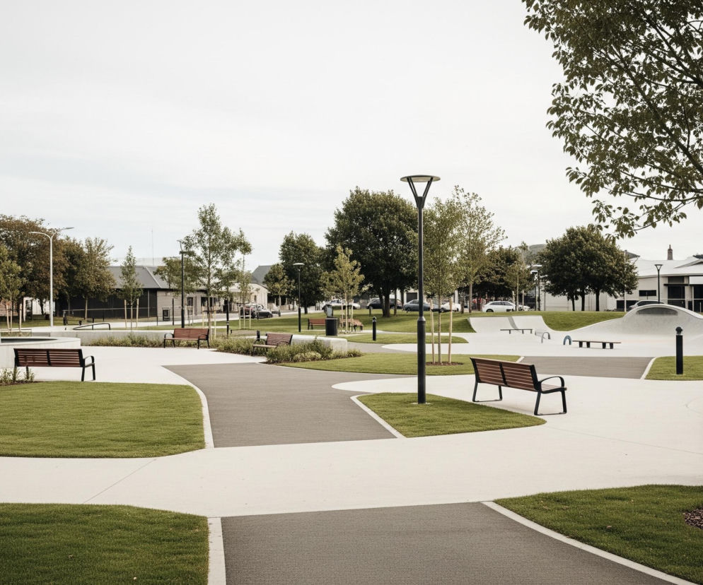 Nowoczesny park miejski z rozległymi, dobrze utrzymanymi terenami zielonymi i betonowymi ścieżkami, które wplatają się w trawniki. Centralnym punktem jest wysoka, biała rzeźba w kształcie stożka, złożona z pionowych listew, umieszczona w okrągłej fontannie lub klombie z niskimi krzewami. Po prawej stronie widoczny jest betonowy skatepark z łagodnymi wzniesieniami i elementami do jazdy, otoczony zieloną trawą. Cały obszar wyposażony jest w liczne ciemne ławki z drewnianymi siedziskami i oparciami, latarnie uliczne o nowoczesnym designie oraz drzewa o gęstych, zielonych koronach.