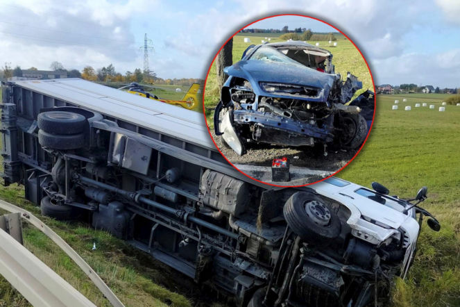 Zderzenie ciężarówki z osobówką, kolosa aż wyrzuciło z drogi! Jedna osoba nie żyje, zdjęcia porażają