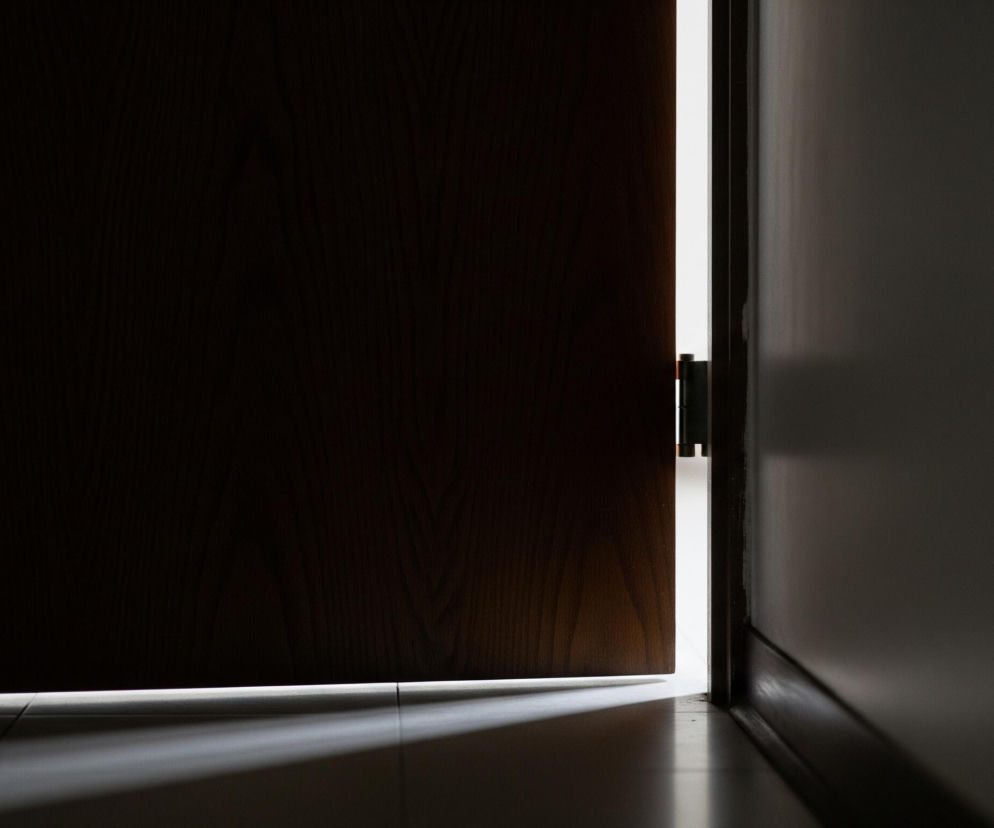 Ciemnobrązowe skrzydło drzwi otwarte jest lekko w prawo, ukazując jasną, pionową smugę światła pomiędzy nim a framugą. Po prawej stronie widać ciemnoszarą ścianę z listwą przypodłogową. Światło z otwartej szczeliny drzwi pada na jasną podłogę, tworząc wyraźny trójkątny cień od skrzydła drzwi.