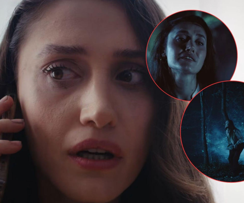 Przerażona Derya rozmawia przez telefon, patrząc w bok z otwartymi ustami. W tle, w okrągłych wstawkach, widać ją najpierw zmartwioną, a potem skuloną w ciemnym lesie, otoczoną mgłą. Więcej o dramatycznych losach bohaterów przeczytasz na stronie Super Seriale.