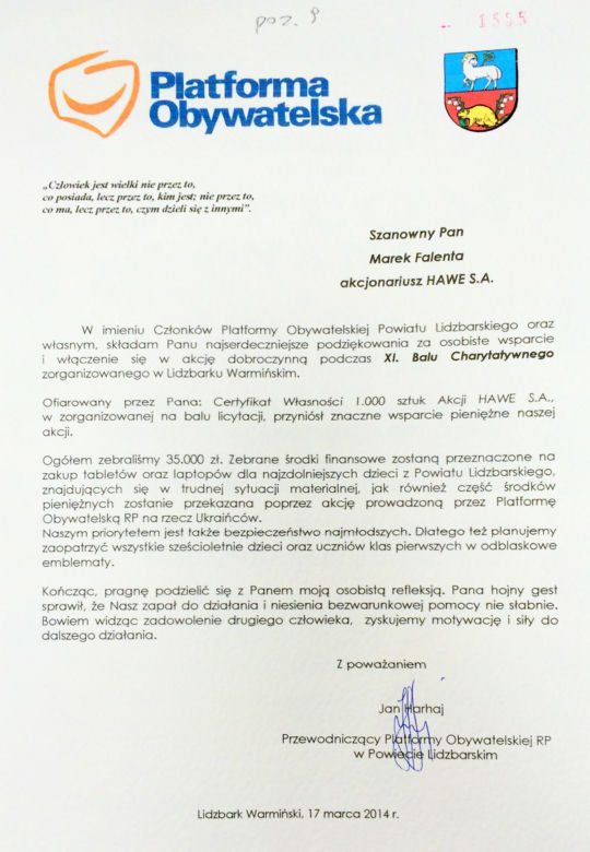 Platforma dziękuje Falencie