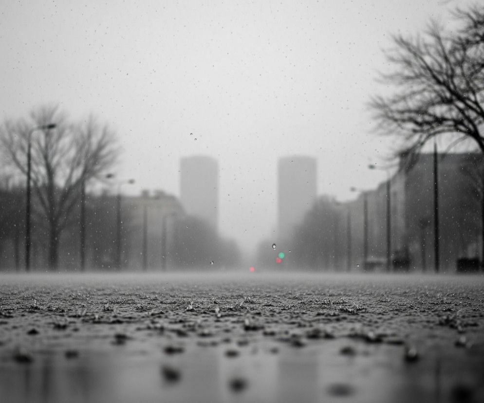 Ulica podczas deszczu, widziana z niskiej perspektywy, dominuje w centrum obrazu. Na pierwszym planie widoczne są krople deszczu odbijające się od mokrego asfaltu, tworząc drobne fontanny. W tle, po obu stronach drogi, znajdują się gołe drzewa o ciemnych gałęziach, a za nimi zarysowane są słupy latarni ulicznych i niewyraźne budynki. Dwa wysokie, prostokątne budynki wyłaniają się z mglistego tła w oddali, a w centrum obrazu, w tle, widoczne są niewyraźne światła sygnalizacji świetlnej – czerwone po lewej i zielone po prawej. Cały krajobraz jest monochromatyczny, w odcieniach szarości i czerni, z wyjątkiem kolorowych świateł sygnalizacji.