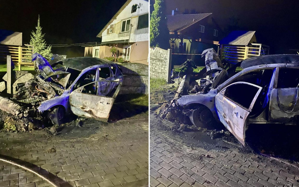 Lisewo Malborskie. Pożar auta po uderzeniu w słup energetyczny. Dwie osoby uratowali świadkowie.
