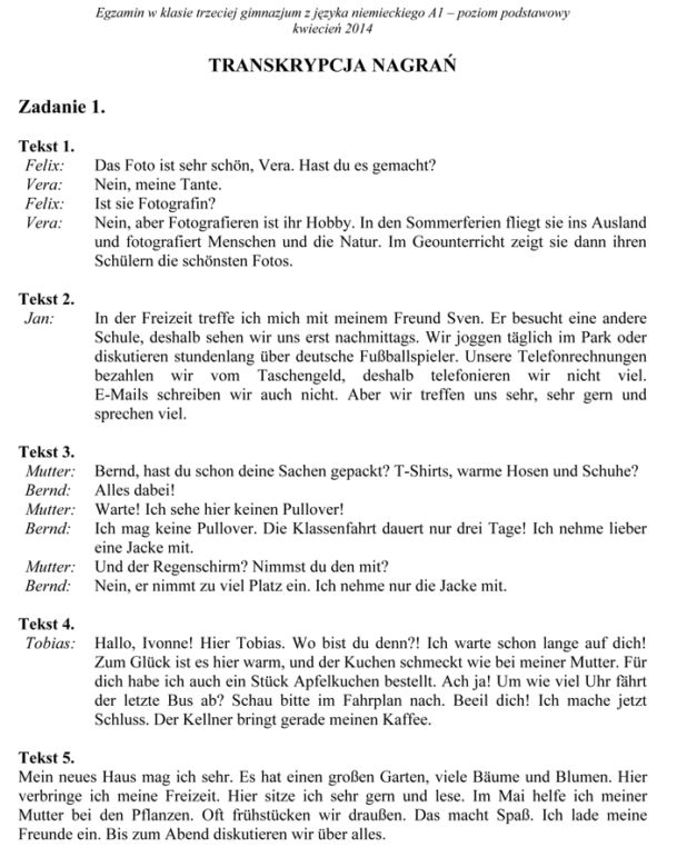 EGZAMIN GIMNAZJALNY 2014 NIEMIECKI: ARKUSZE, ODPOWIEDZI, ROZWIĄZANIA