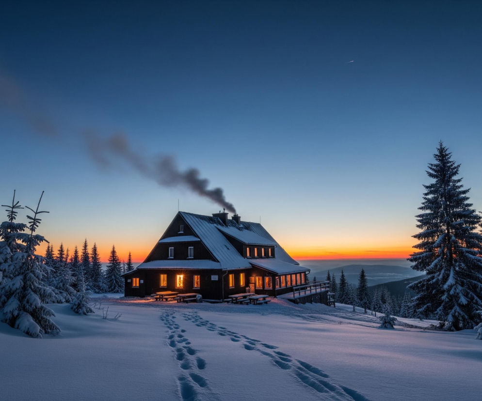 Górski schronisko z ciemnego drewna, pokryte śniegiem, stoi pośrodku zimowego krajobrazu, oświetlone ciepłym światłem bijącym z licznych okien. Nad dachem unoszą się smugi dymu z komina, a na pierwszym planie, w zasnieżonym terenie, widać ślady stóp prowadzące do wejścia. W tle rozciąga się pasmo iglastych drzew, również obsypanych śniegiem, kontrastujące z pomarańczowo-niebieskim niebem wschodu lub zachodu słońca.