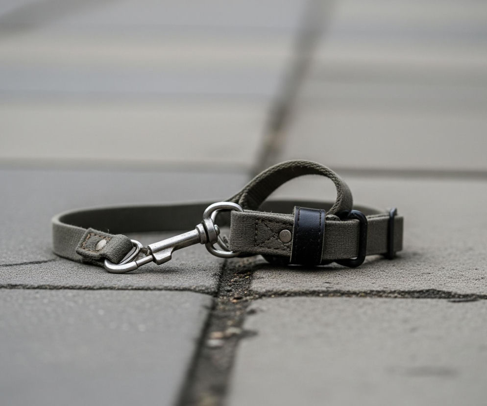 Na kamiennej nawierzchni leży oliwkowa obroża dla psa z metalowym karabińczykiem. Obroża jest wykonana z materiału tekstylnego, ma czarną, skórzaną szlufkę oraz metalowe kółko i regulowaną sprzączkę. Karabińczyk, wykonany z jasnego metalu, jest przypięty do jednego z kółek obroży. Całość leży na popękanym chodniku z betonowych płyt w odcieniach szarości, widoczne są łączenia między nimi, a światło pada z lewej strony, tworząc delikatne cienie.
