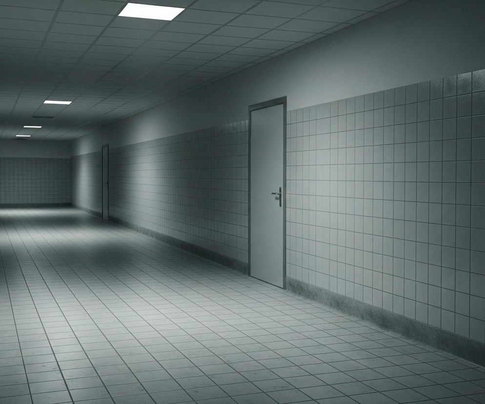 Długi, prosty korytarz wyłożony jest szarymi, kwadratowymi płytkami, zarówno na podłodze, jak i na ścianach. Na suficie, składającym się z kasetonów, znajdują się cztery prostokątne, jasno świecące lampy rozmieszczone w równej odległości. Po prawej stronie korytarza widać szare drzwi z klamką, a w oddali kolejne troje drzwi, pogrążone w cieniu. Oświetlenie korytarza jest nierównomierne, z jaśniejszymi fragmentami pod lampami i ciemniejszymi obszarami wzdłuż ścian oraz w głębi perspektywy.