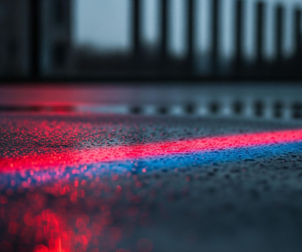 Centralnym elementem obrazu jest pozioma linia podzielona na dwie części: czerwoną po lewej i niebieską po prawej, odbijająca się w wilgotnej, ciemnej powierzchni. Powierzchnia, na której leży linia, pokryta jest drobnymi kroplami wody, które rozświetlają się odblaskami czerwieni i błękitu. W oddali, w rozmazanym tle, widoczne są zarysy pionowych struktur o ciemnych odcieniach, które również odbijają się w wodzie. Całość kompozycji ma chłodną, mroczną atmosferę, przełamaną intensywnymi, neonowymi barwami linii.