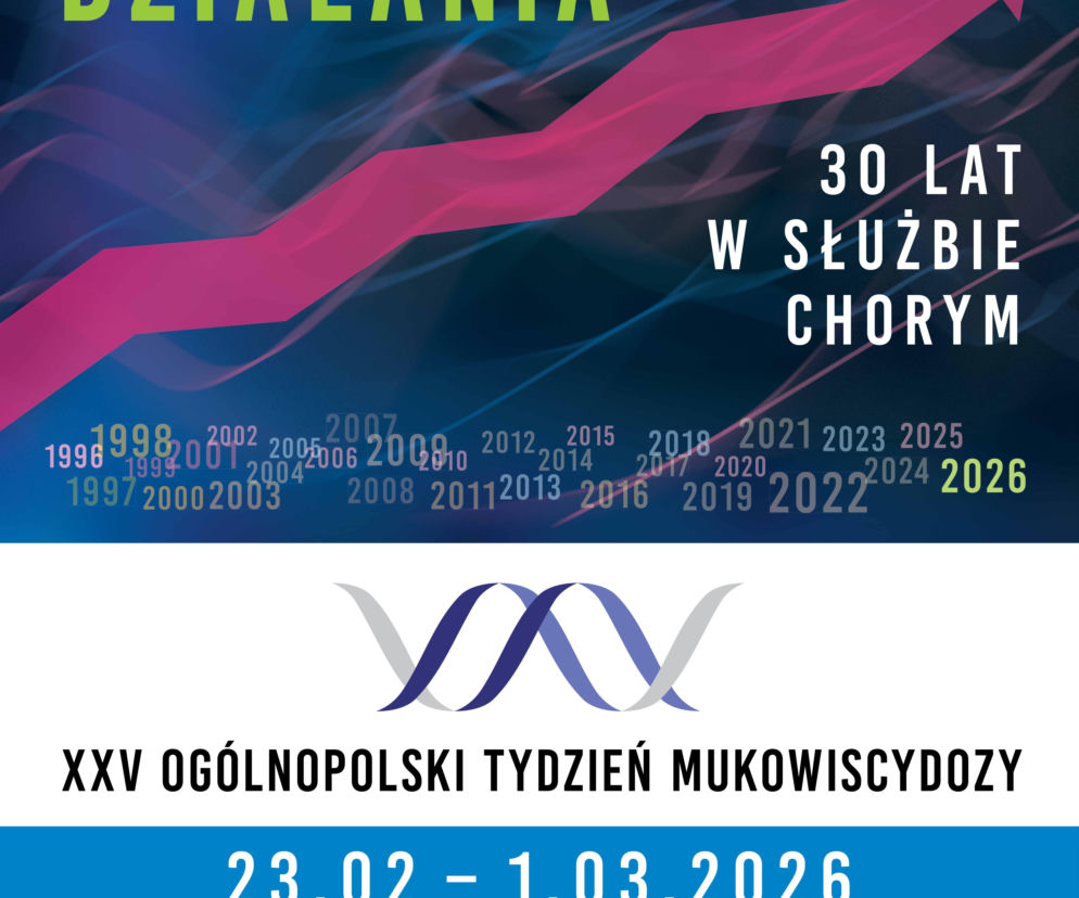 Plakat XXV Ogólnopolskiego Tygodnia Mukowiscydozy „Mukowiscydoza – 30 lat w służbie chorym – siła działania”, z grafiką wzrostu oraz logotypami partnerów, w tym portalu Poradnik Zdrowie, informuje o kampanii Fundacji MATIO w dniach 23.02–1.03.2026.