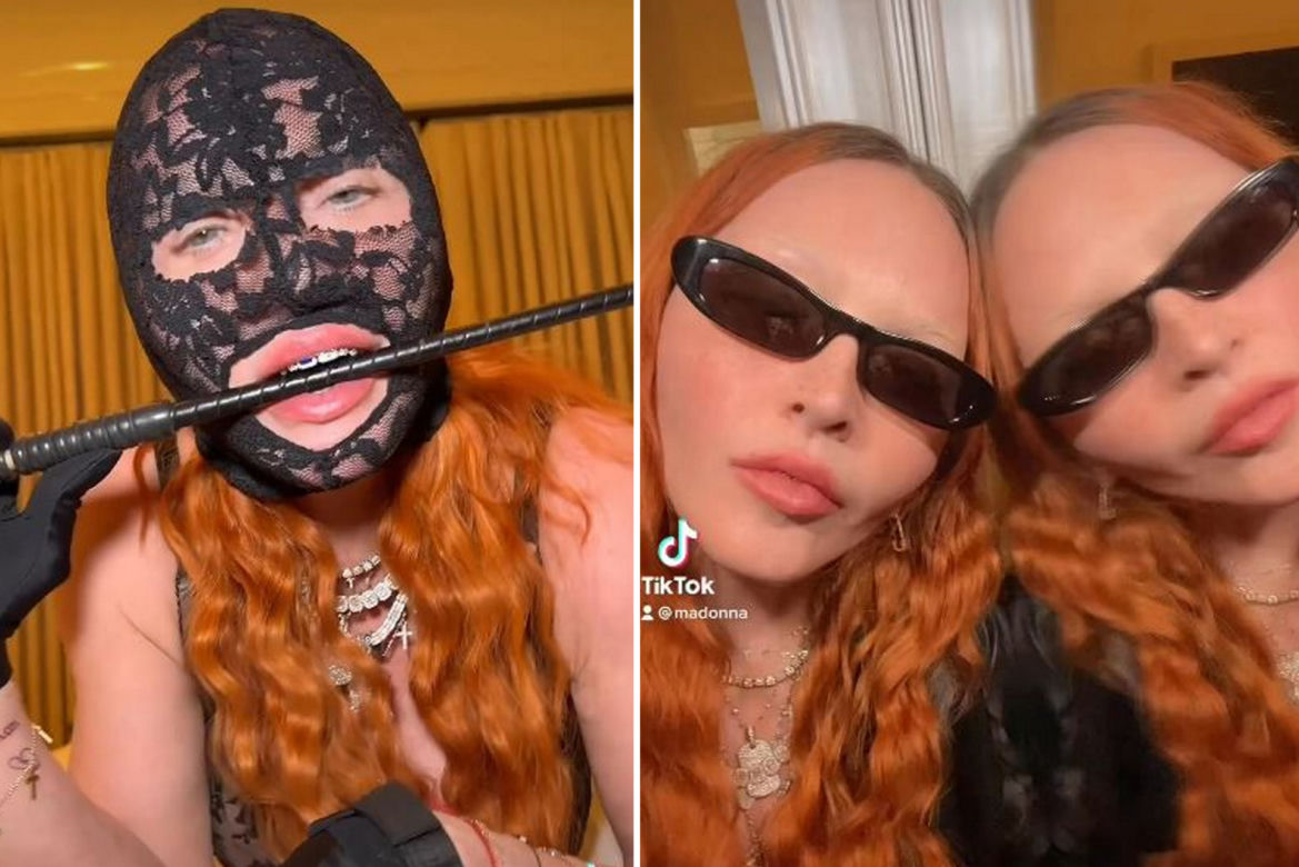 Madonna w kominiarce rzuca się w konwulsjach po łóżku. W ręce trzyma pejcz. "Ocknij się kobieto"