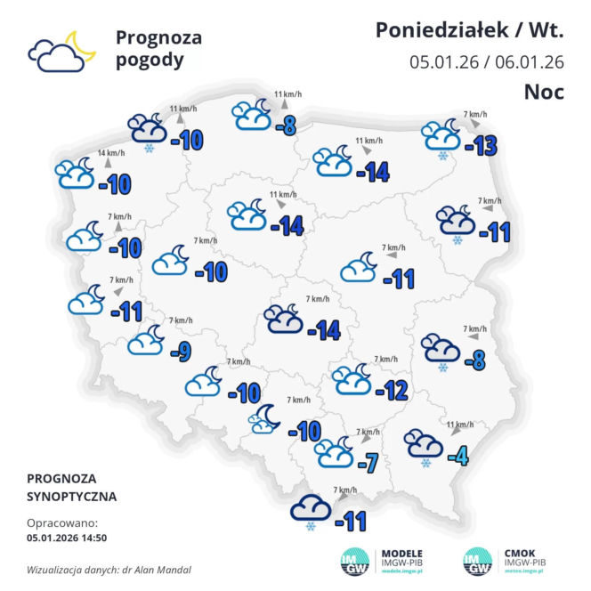 Pogoda IMGW na 6 stycznia. Noc z poniedziałku na wtorek