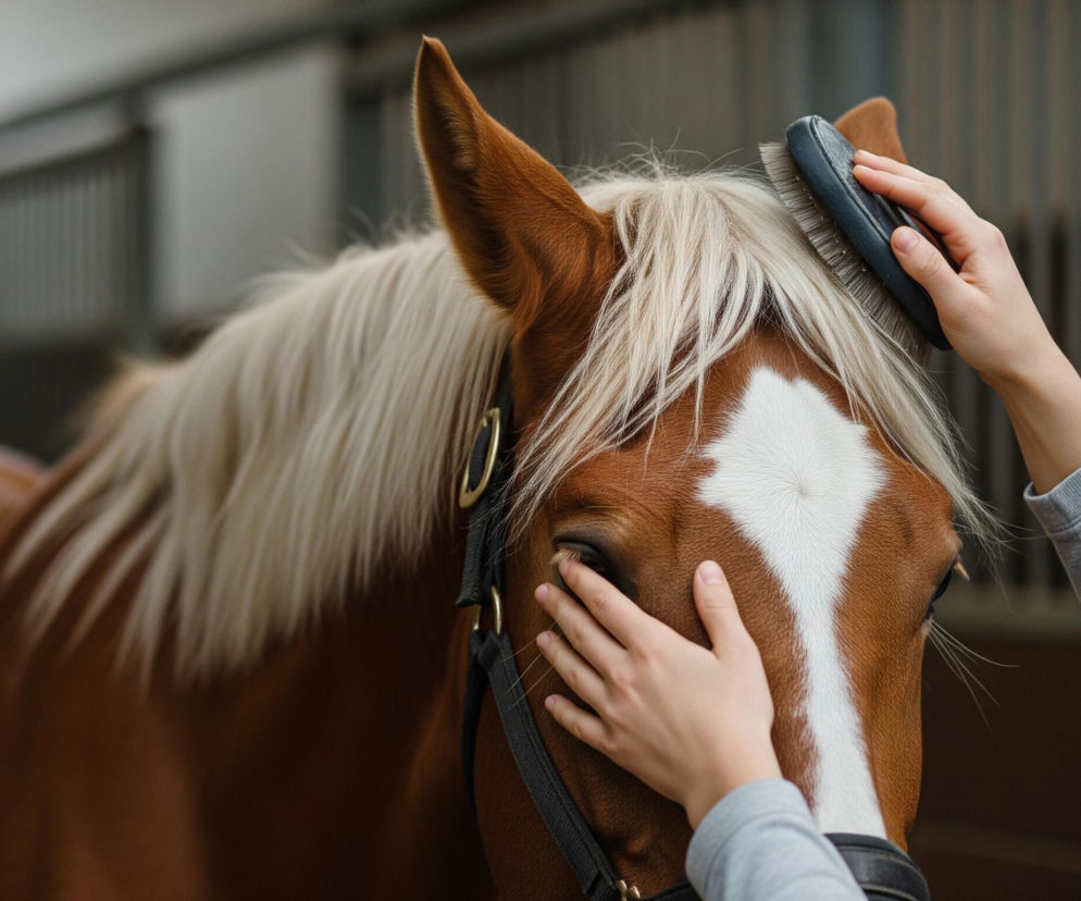 Koń o kasztanowym umaszczeniu z jasną, białą grzywą i płową strzałką na czole znajduje się w centrum kadru, jego głowa zwrócona jest w lewo. Na jego głowie widoczne są dwie ludzkie dłonie: jedna głaszcze delikatnie okolice oka, a druga, trzymająca ciemną szczotkę, czesze grzywę blisko ucha. Koń ma założony czarny kantar ze złotymi okuciami, a jego prawe ucho jest spiczaste i czujne. W tle widać niewyraźne, ciemne kraty boksu stajennego.