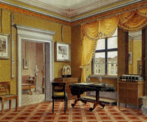 Gabinet w stylu biedermeier na XIX-w. akwareli. Prostota form mebli i elegancja kompozycji zdradzają wpływy klasycyzmu.