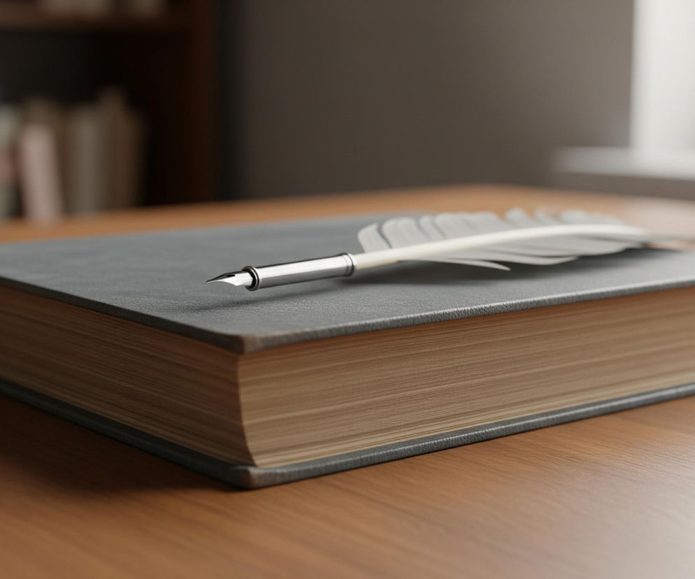 Na drewnianym, brązowym stole leży zamknięta, gruba księga w szarej oprawie. Na okładce księgi spoczywa białe pióro ze srebrnym, metalowym obsadką, skierowane w lewo. Tło jest rozmyte, widoczne są niewyraźne półki z książkami po lewej stronie oraz jasne okno po prawej.