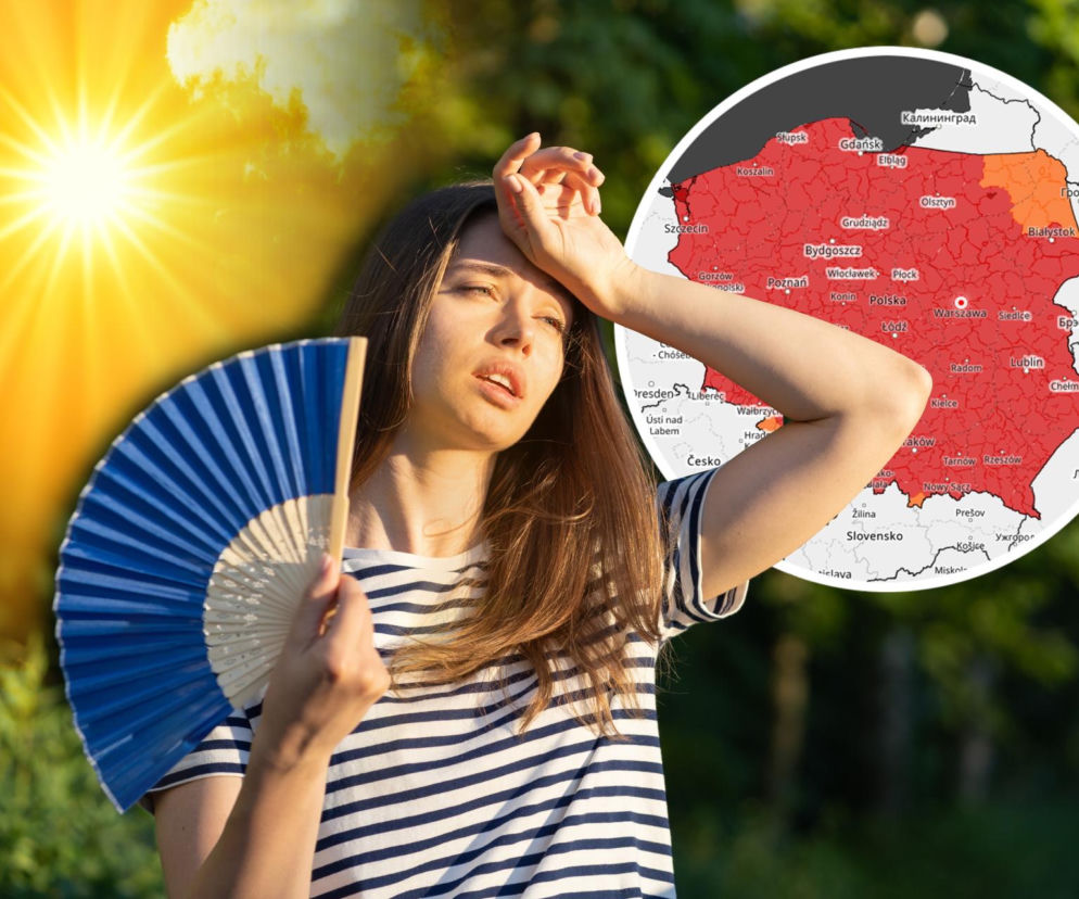 Kobieta w marynarskiej koszulce z wachlarzem w dłoni, zmęczona upałem, z ręką na czole na tle jaskrawo świecącego słońca i mapy Polski z czerwonymi ostrzeżeniami IMGW przed wysokimi temperaturami. Więcej o prognozach upałów przeczytasz na naszym portalu.