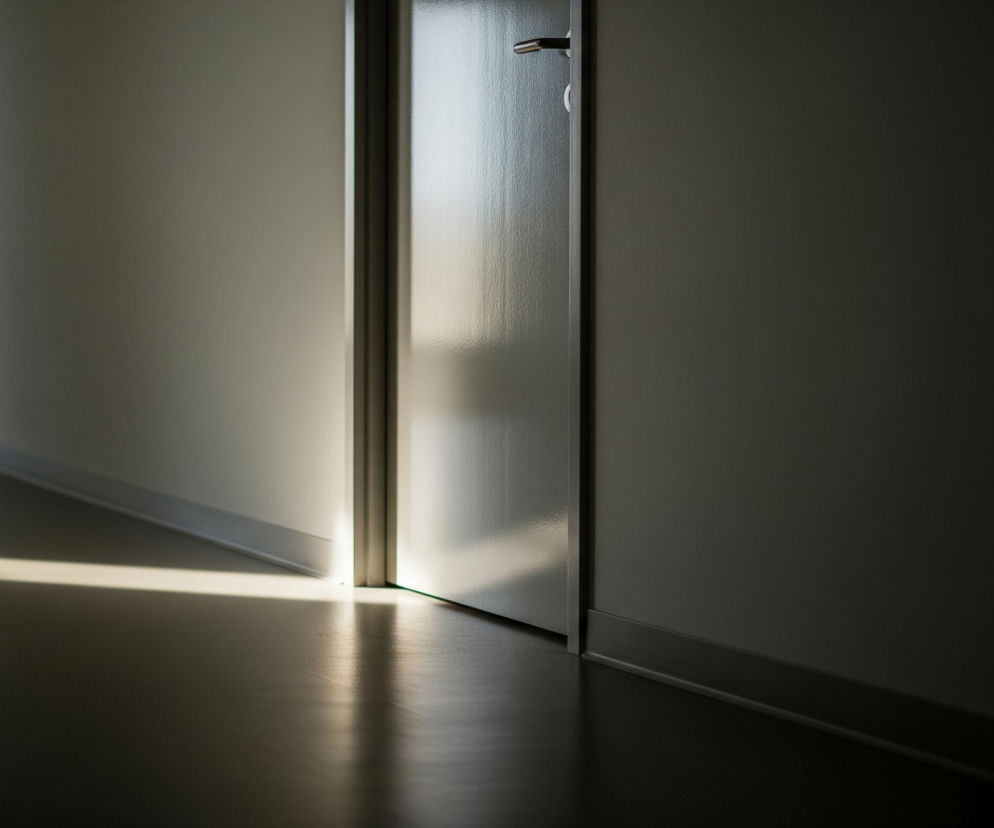 Długi, wąski korytarz jest skąpany w mieszanym świetle, gdzie lewa strona jest dobrze oświetlona, a prawa pozostaje w cieniu. Na wprost, po prawej stronie, uchylone białe drzwi wpuszczają do wnętrza strumień światła, rozjaśniając podłogę i ścianę wzdłuż nich, tworząc wyraźne cienie. Po lewej stronie widoczne są kolejne drzwi, dalej w korytarzu, również lekko uchylone, z wyraźnym numerem 1 na panelu ściennym obok. Podłoga korytarza jest ciemna i lśniąca, odbijając światło wpadające z zewnątrz.