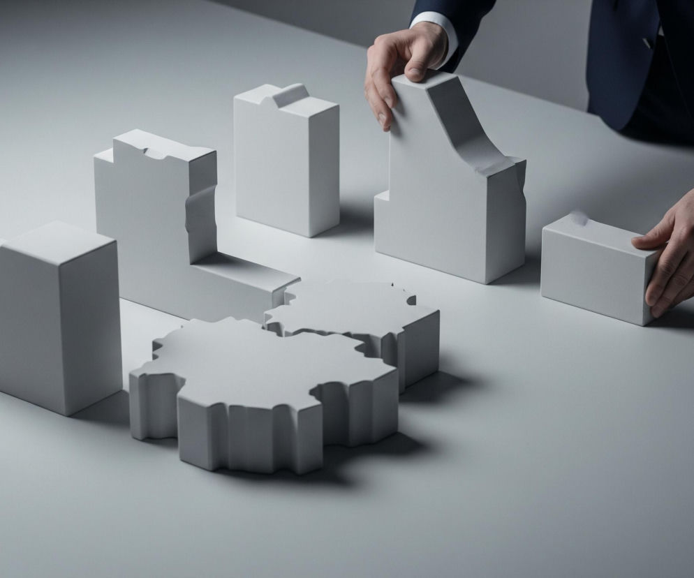 Na szarym stole znajduje się siedem białych, geometrycznych brył, ułożonych w luźną kompozycję. W górnej części obrazu widoczne są dłonie mężczyzny w granatowej marynarce i białej koszuli, manipulujące jedną z brył po prawej stronie. Cień pada na stół, tworząc kontrast z jasnymi obiektami.