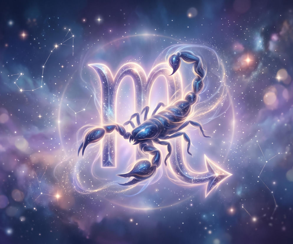 Świecący znak zodiaku Skorpion na tle gwieździstego nieba. O horoskopie dla Skorpiona przeczytasz na Eska.