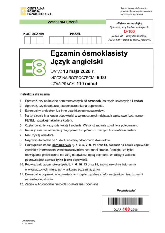 Egzamin ósmoklasisty 2026: język angielski 13.05.2026 r. Arkusze CKE