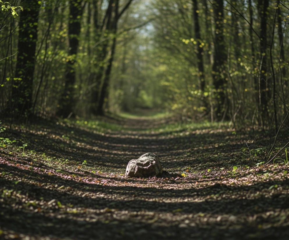 Na pierwszym planie, centralnie, leży szarobrązowy kamień na gruntowej ścieżce. Ścieżka, pokryta ciemnymi liśćmi i trawą, prowadzi w głąb obrazu, otoczona po obu stronach lasem z wysokimi drzewami o ciemnych pniach. Promienie słońca, przechodzące przez korony drzew, tworzą na ziemi jasne plamy i długie cienie, szczególnie widoczne na liściach i młodych zielonych pędach po lewej stronie. W oddali las staje się coraz bardziej rozmyty i jaśniejszy, tworząc efekt perspektywy.