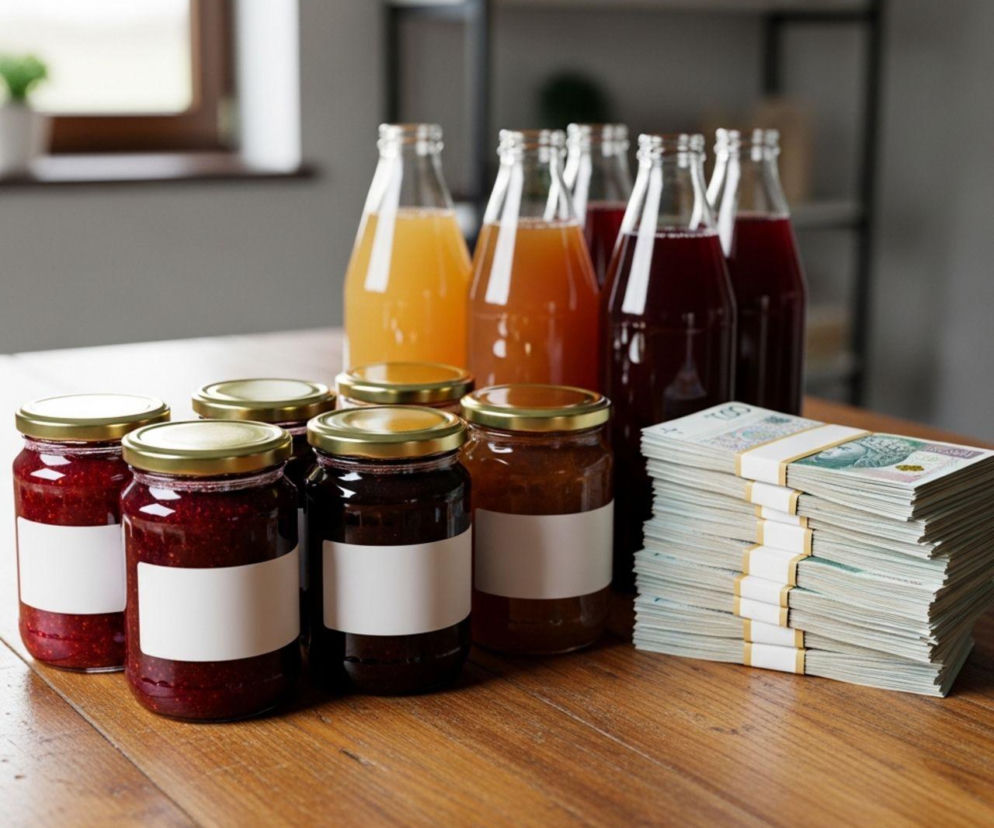 Słoiki z dżemem, butelki z sokami oraz plik banknotów na drewnianym stole. Zdjęcie symbolizuje inwestycje w przetwórstwo rolne i finansowe wsparcie dla rolników. O możliwościach zdobycia pół miliona złotych na własne przetwórstwo przeczytasz na Super Biznes.