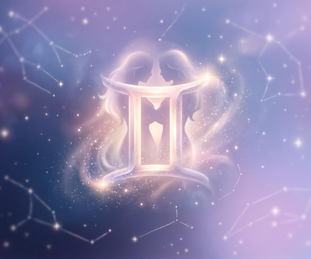 Symbol zodiaku Bliźnięta na tle gwiezdnego pyłu i konstelacji. Horoskop dla Bliźniąt sprawdzisz w serwisie Eska.