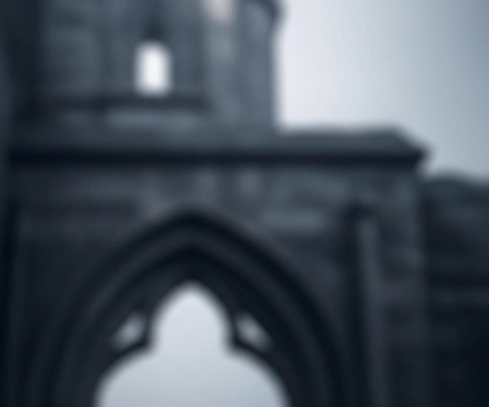 Zamazane zdjęcie przedstawia fragment gotyckiej budowli w szarej tonacji. Na pierwszym planie widoczny jest spiczasty łuk, stanowiący bramę lub okno, z ciemniejszymi detalami architektonicznymi wokół niego. W tle po lewej stronie znajduje się ściana z niewielkim, prostokątnym otworem, a dalej w oddali majaczy niewyraźny zarys krajobrazu. Dominują odcienie szarości i błękitu, tworząc mglistą, nieco tajemniczą atmosferę.