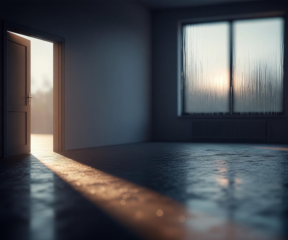 Puste, ciemne pomieszczenie o gładkich, grafitowo-niebieskich ścianach i chropowatej, ciemnej podłodze rozjaśniają dwa źródła światła. Z lewej strony uchylone drewniane drzwi wpuszczają do wnętrza silny strumień ciepłego, żółtego światła, tworzący długą smugę na podłodze. Po prawej stronie, w oddali, znajduje się okno z metalową ramą, pokryte kroplami wody, za którym widoczne jest rozmyte, bladopomarańczowe światło zachodzącego słońca oraz ciemny zarys drzew. Pod oknem umieszczony jest grzejnik.