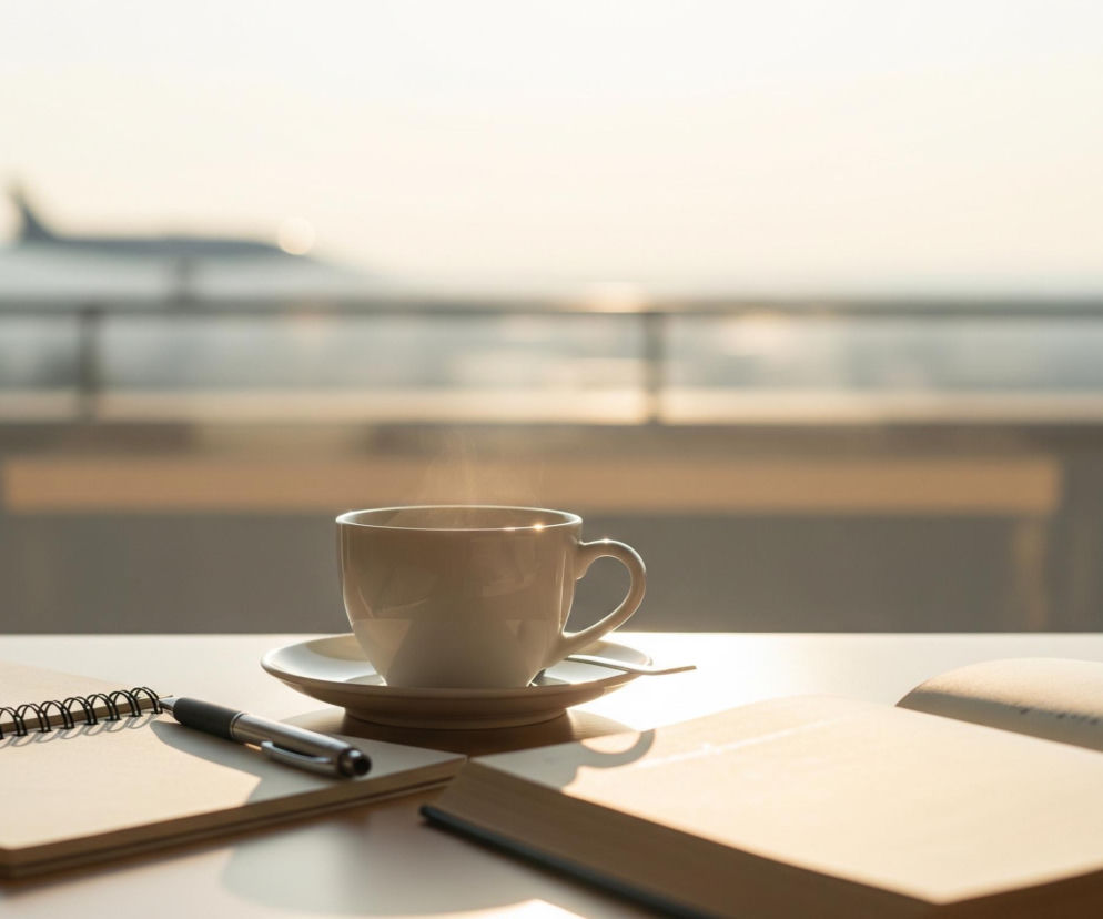 Na pierwszym planie, centralnie, stoi biała filiżanka z parującym napojem, umieszczona na spodku z małą łyżeczką. Po lewej stronie leży otwarty notatnik z metalową spiralą i długopisem, natomiast po prawej widoczna jest otwarta książka. Wszystkie te przedmioty spoczywają na jasnym blacie, oświetlonym złotym światłem. W tle, za dużym oknem, znajduje się rozmyty widok na samolot stojący na płycie lotniska oraz barierkę, a cała scena skąpana jest w ciepłym, lekko zamglonym świetle wschodzącego lub zachodzącego słońca.
