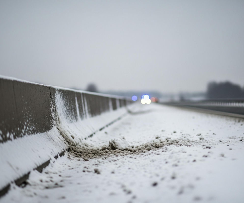 Betonowa bariera ochronna pokryta białym śniegiem, zajmująca lewą część kadru, biegnie skośnie w stronę horyzontu. Wzdłuż jej podstawy widoczne są grudki ciemnobrązowego, przemieszanego ze śniegiem brudu. Prawa strona obrazu przedstawia zaśnieżony pobocze i asfaltową jezdnię autostrady, która również znika w oddali, gdzie majaczą niewyraźne, jasne światła pojazdów – białe i niebieskie. Całość tonie w szarej, jednolitej poświacie zimowego, pochmurnego dnia.