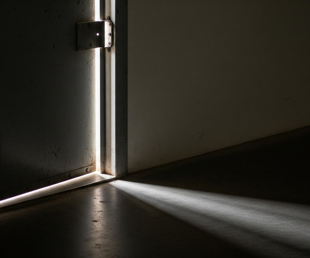 Uchylone metalowe drzwi, częściowo niewidoczne po lewej stronie kadru, przepuszczają smugę jasnego światła. Jasność bije zza drzwi, tworząc pionowy pas światła w szczelinie i oświetlając kurz oraz drobne cząstki na ich powierzchni. Na górze szczeliny widać metalowy zawias, wyraźnie widoczny dzięki oświetleniu zza drzwi.

Światło rzuca ukośny, rozszerzający się cień na ciemną podłogę, która jest równie słabo oświetlona, jak reszta otoczenia w pokoju, tworząc kontrast między jasną szczeliną a otaczającą ciemnością. Prawa strona kadru jest całkowicie ciemna, bez wyraźnych szczegółów.
