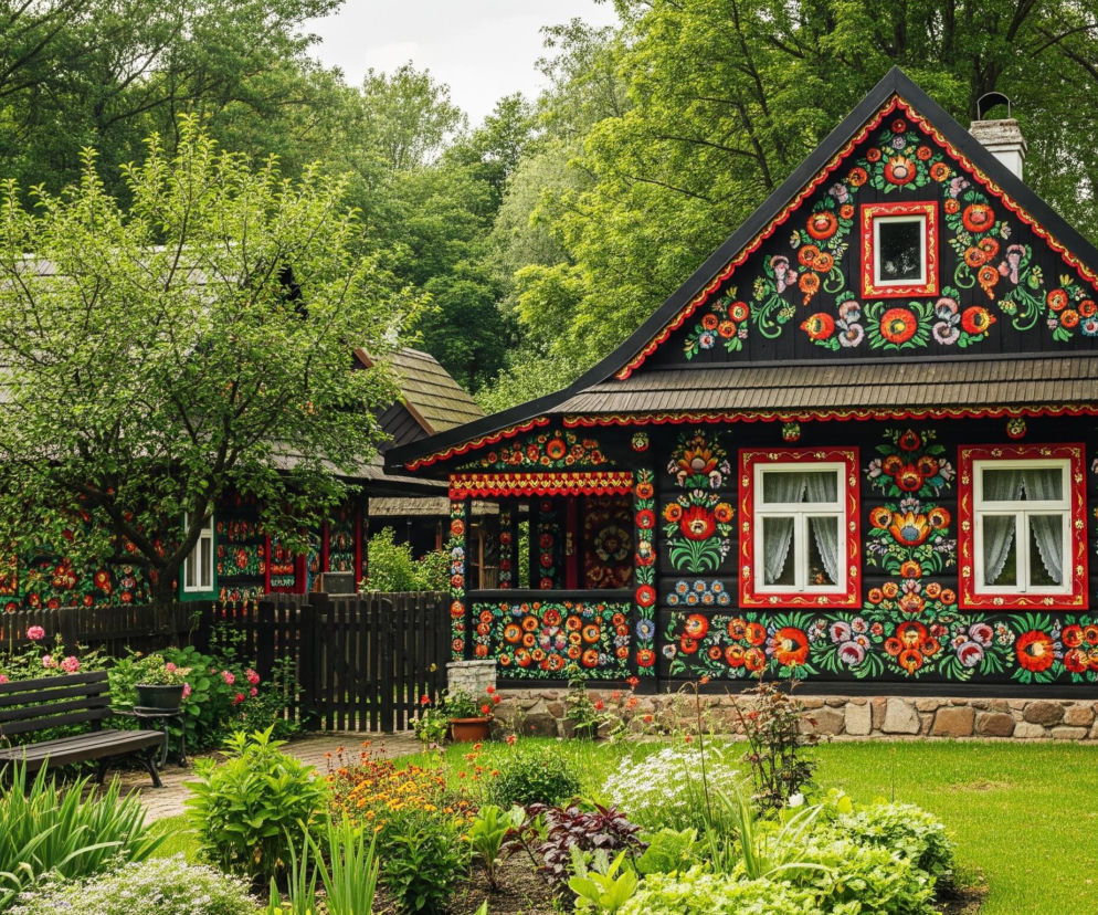 Na pierwszym planie widoczny jest bujny ogród z zieloną trawą i różnorodnymi kwiatami w odcieniach czerwieni, pomarańczy, żółci, różu i bieli, ułożonymi w kwietniki. Z prawej strony znajduje się duży, ciemny dom z drewnianym dachem, którego czarne ściany są bogato zdobione kolorowymi, kwiatowymi wzorami w intensywnych barwach czerwieni, pomarańczy, zieleni, błękitu i fioletu. Dom posiada białe okna z czerwonymi ramami i białymi firankami, a także małe poddaszowe okno z białą ramą, również otoczone kwiatowymi malowidłami. Z lewej strony widać fragment drugiego, podobnie zdobionego domu z drewnianym dachem i białym kominem, oddzielonego czarnym, drewnianym płotem. Przed drugim domem stoi ciemna, drewniana ławka wśród różowych kwiatów. W tle rozciąga się gęsty, zielony las, a nad nim widoczne jest jasne, zachmurzone niebo.