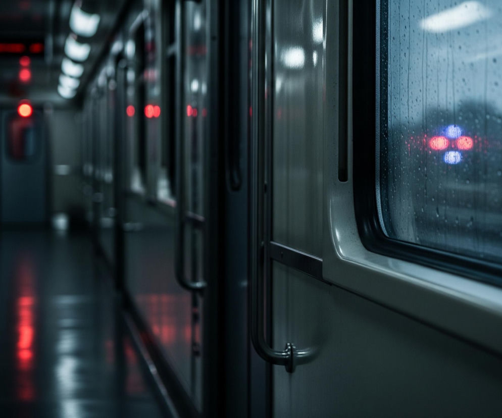 Wnętrze pojazdu transportu publicznego, prawdopodobnie pociągu lub metra, jest ukazane z perspektywy korytarza. Po prawej stronie dominują beżowe ściany z okrągłymi poręczami, a za oknem z widocznymi kroplami deszczu migoczą rozmyte czerwone i niebieskie światła, sugerujące ruch i otoczenie zewnętrzne. Wzdłuż lewej ściany ciągnie się rząd zapalonych lamp sufitowych oraz kilka czerwonych świateł sygnalizacyjnych, które odbijają się w podłodze. Całe wnętrze utrzymane jest w ciemnej, chłodnej tonacji kolorystycznej.