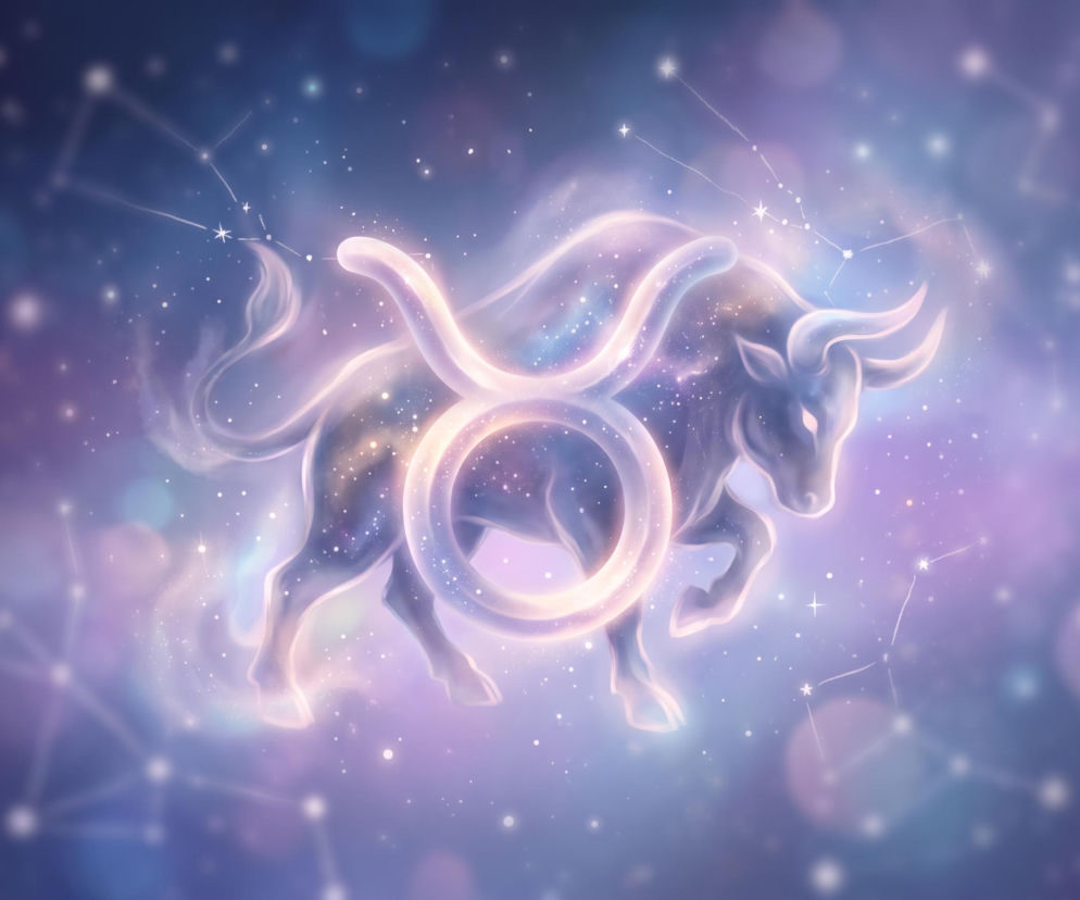 Świecący symbol zodiakalnego Byka na tle gwieździstego nieba. O horoskopie dziennym przeczytasz w serwisie Eska.