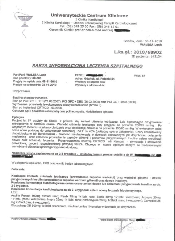 Wyniki badań Lecha Wałęsy 
